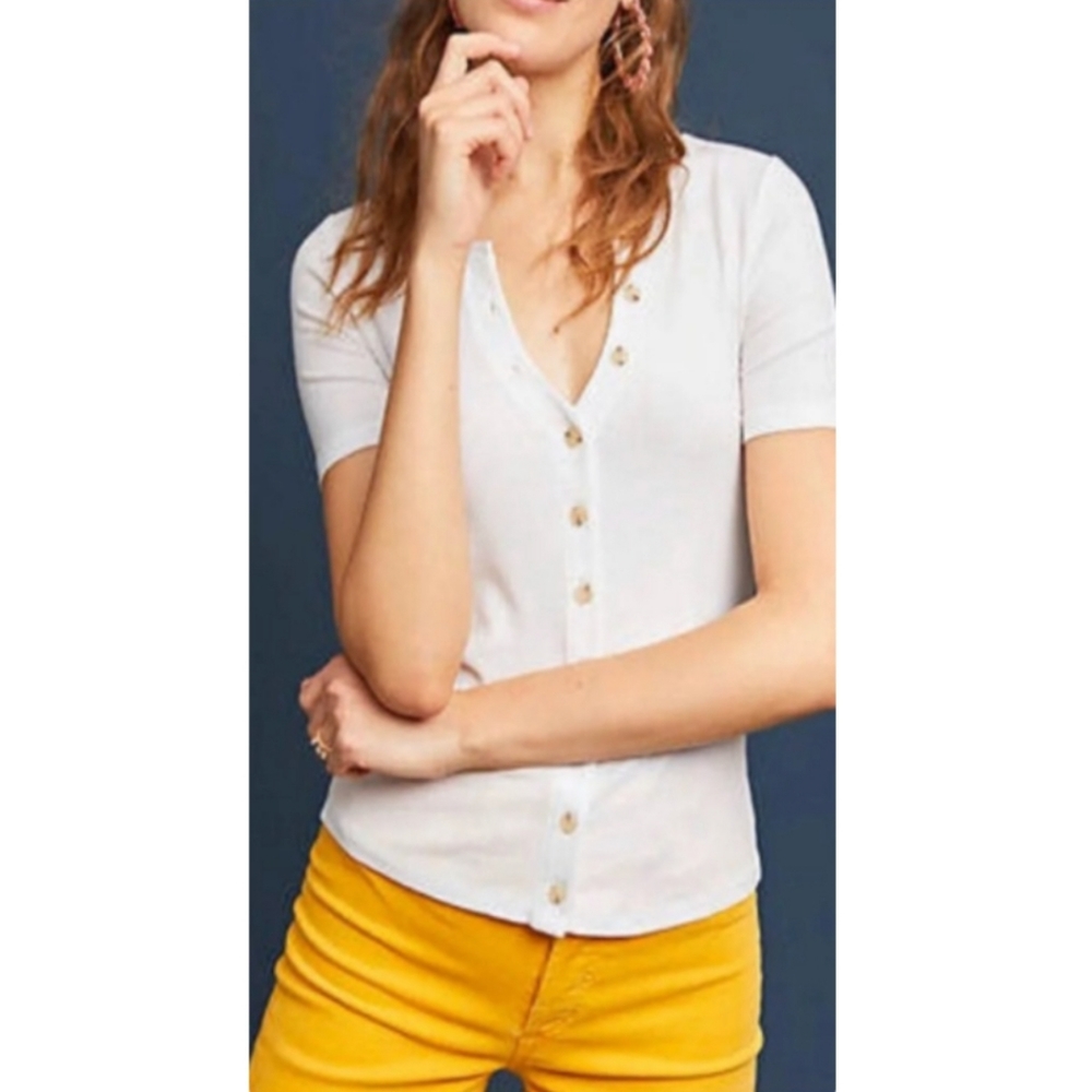 Maeve-Anthro White Ribbed Button Up Top XS - Picture 9 of 9